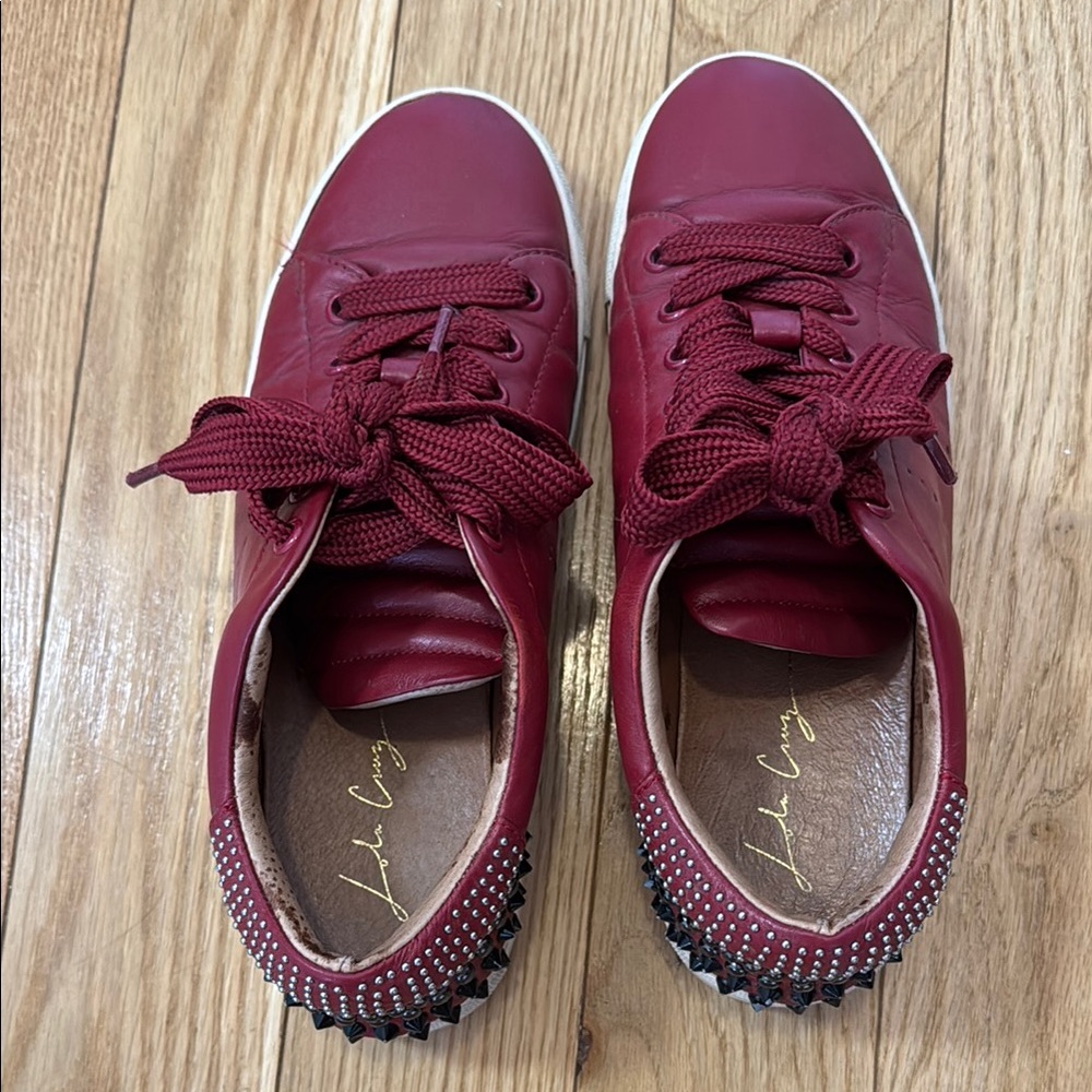 Chic Red Leather Studded Sneakers for Women